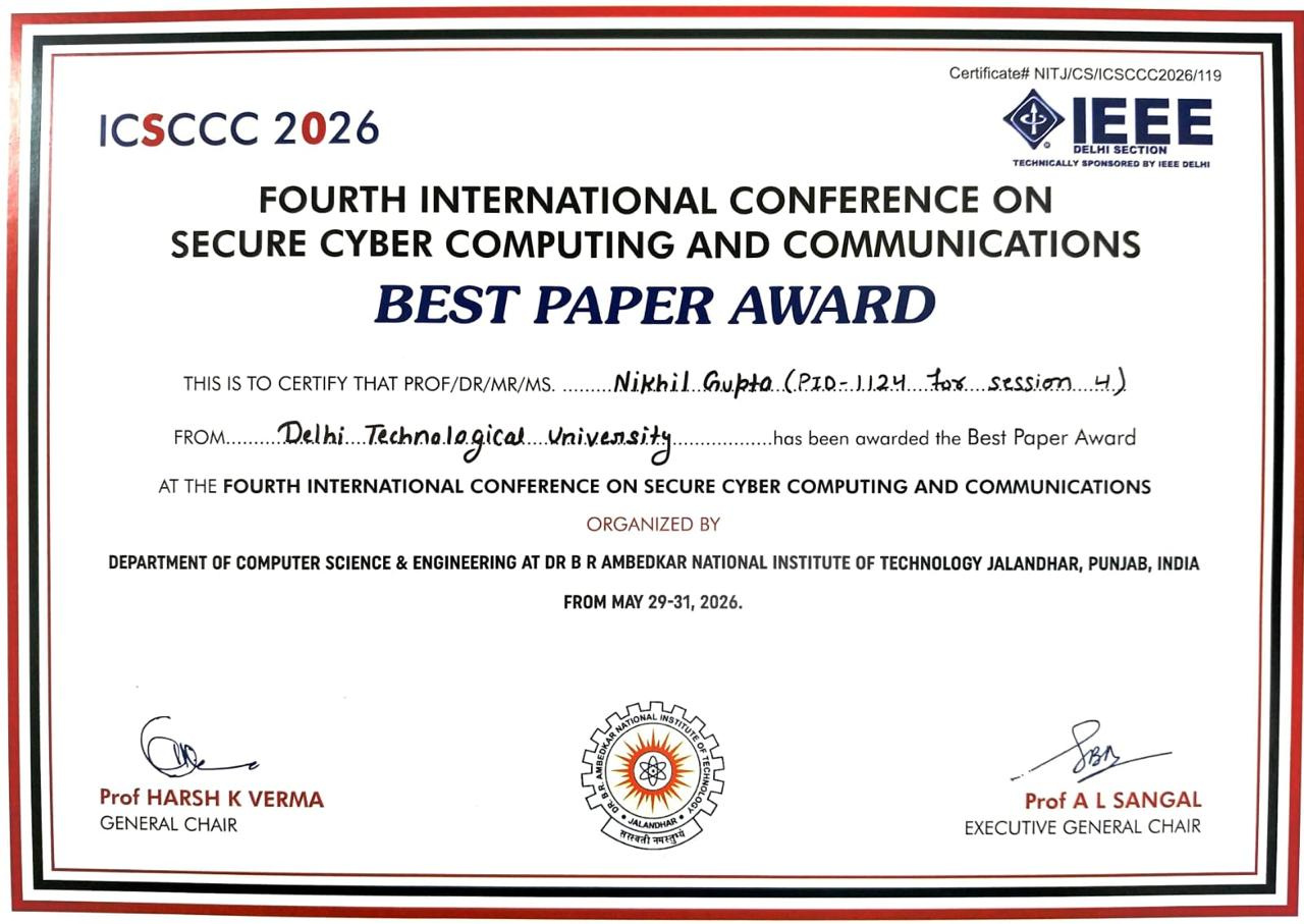 Best Paper Award certificate for Nikhil Gupta, Paper ID 1124, Session 4, ICSCCC 2026
